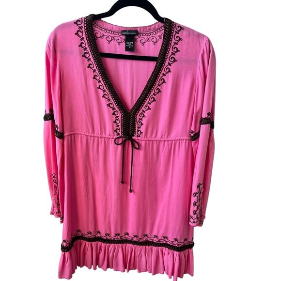 Moda International Embroidered Pink Long Sleeve Dress with Brown Trim Size M - Picture 1 of 15